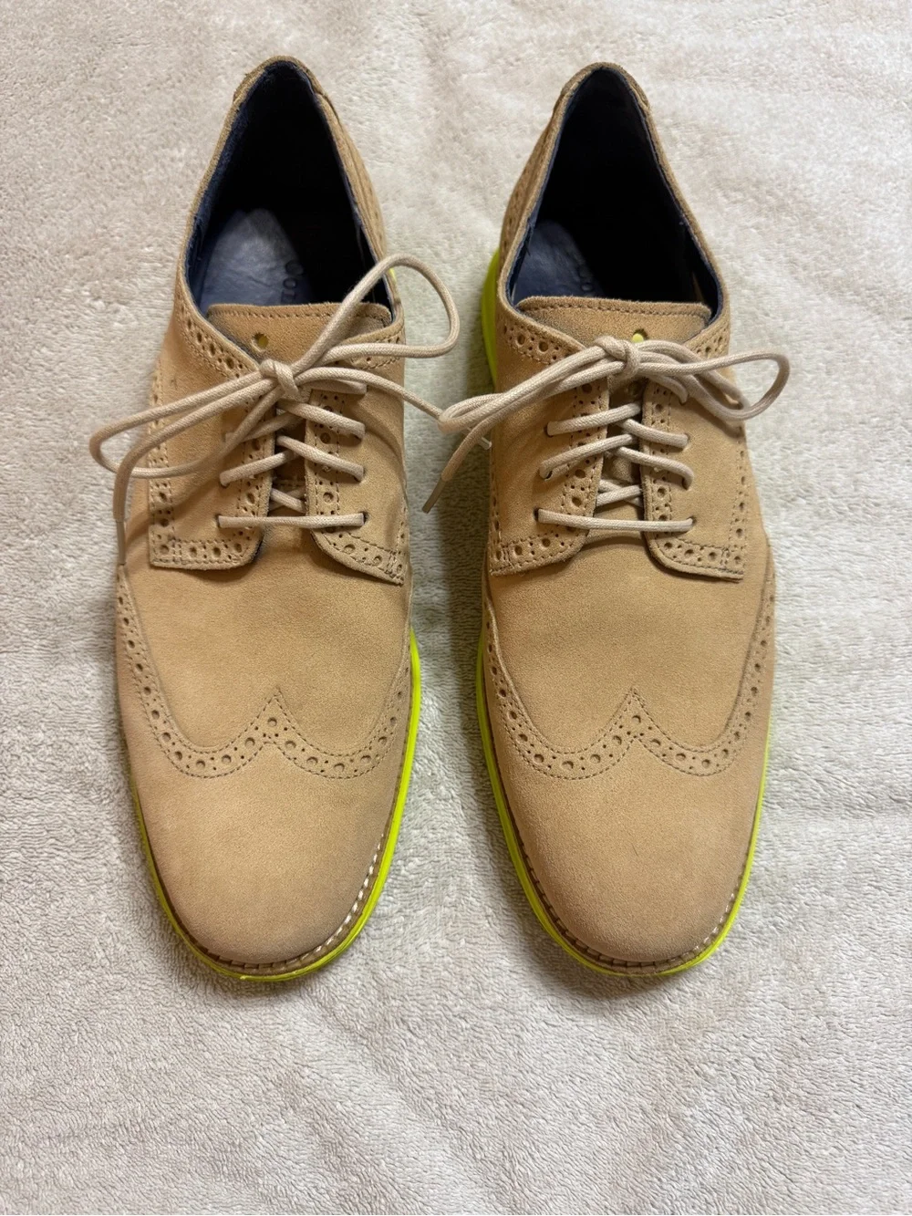 Men's Suede Wingtip Oxford in Tan with Lime Accent Sole